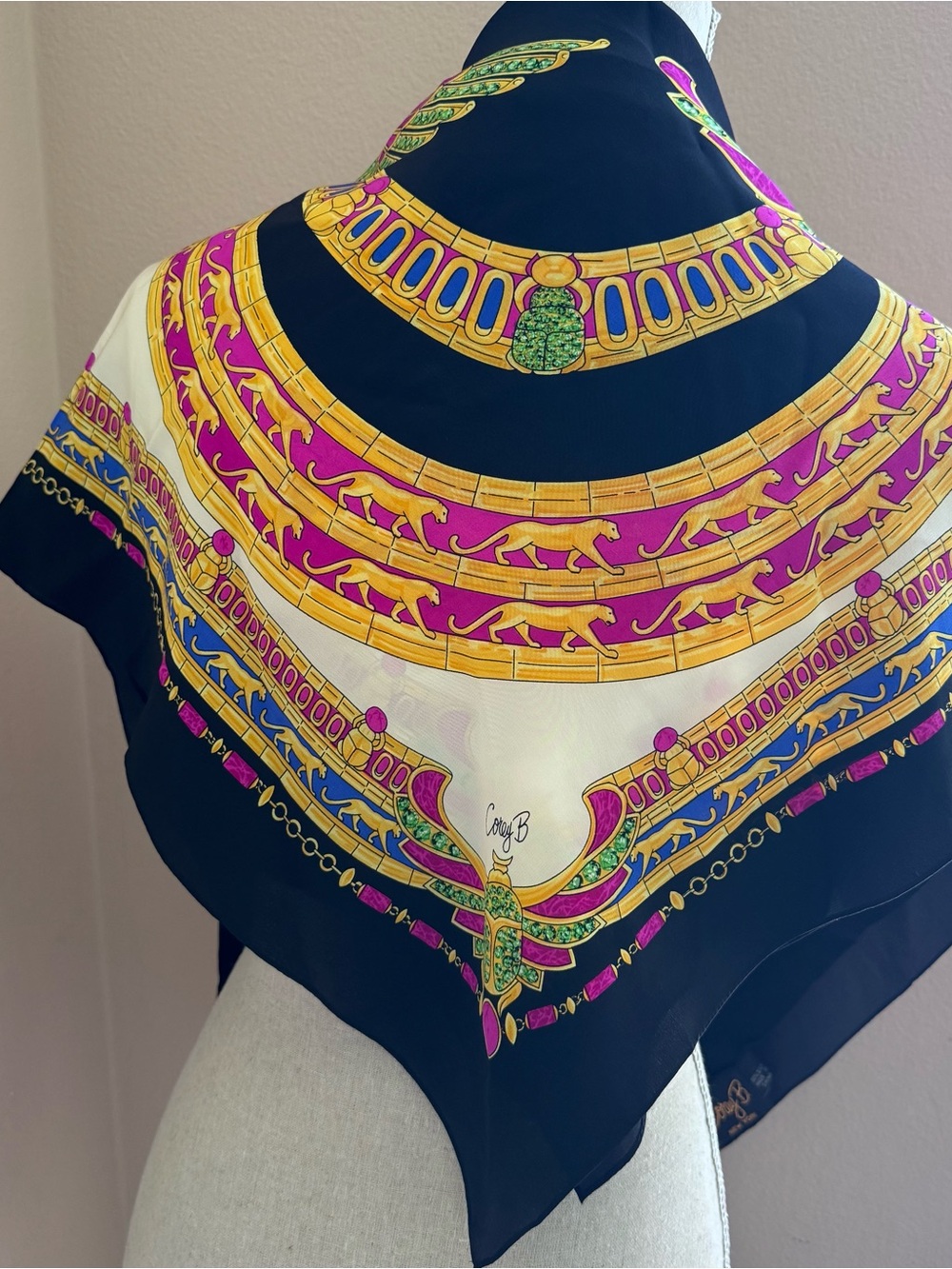 Vtg Corey B. Black, Pink & Gold 35” Square Silk Scarf Boroque